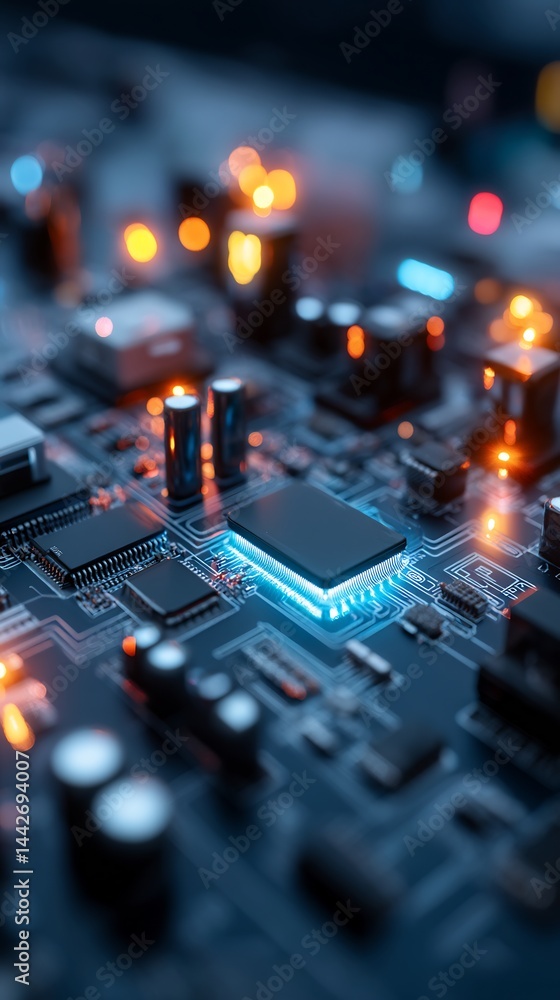 Poster intricate circuit board with glowing elements symbolizing technological advancement