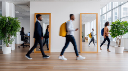 Professionals commuting through a modern office space during the day