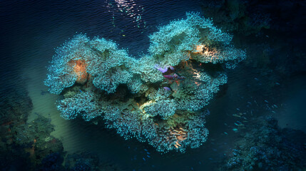 Fototapeta premium Bioluminescent coral reef shaped like a heart, lighting the ocean's soul.