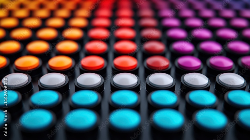 Poster a vibrant array of colorful, round buttons arranged in neat rows, creating a striking and modern vis