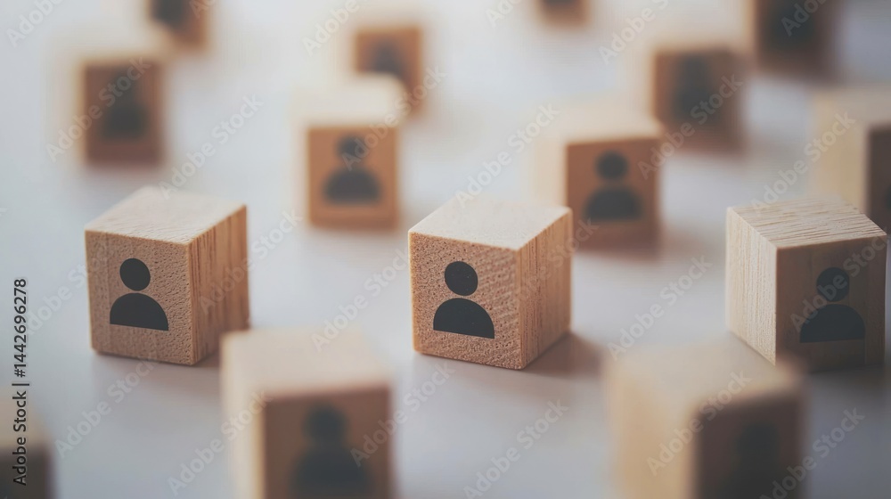 Poster wooden blocks showing contact icons placed randomly on a neutral surface.