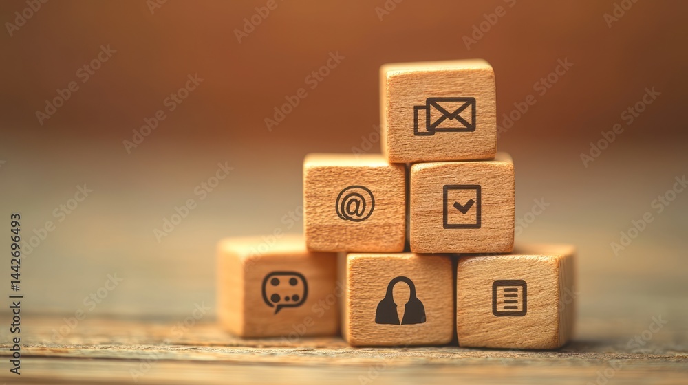 Poster wooden blocks with contact icons stacked on top of each other.