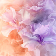 Fototapeta premium Soft pastel flower petals blend with swirling mist in dreamy, delicate composition that evokes blooming beauty and gentle smoke rings floating in air