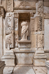 At the Library of Celsus in Ephesus, Selcuk, Izmir, Turkey, the statue of Episteme stands as a remarkable example of intricate craftsmanship, reflecting the historical significance of the region