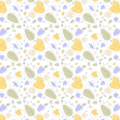 Trendy floral seamless pattern illustration. Vintage 70s style hippie flower background design. Colorful pastel color groovy artwork, y2k nature backdrop with daisy flowers.