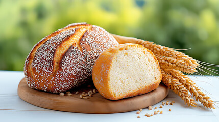Freshly baked bread with wheat on a wooden board outdoors