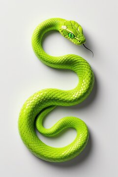 A green serpent, a wild reptile with detailed scales, is isolated on a white background