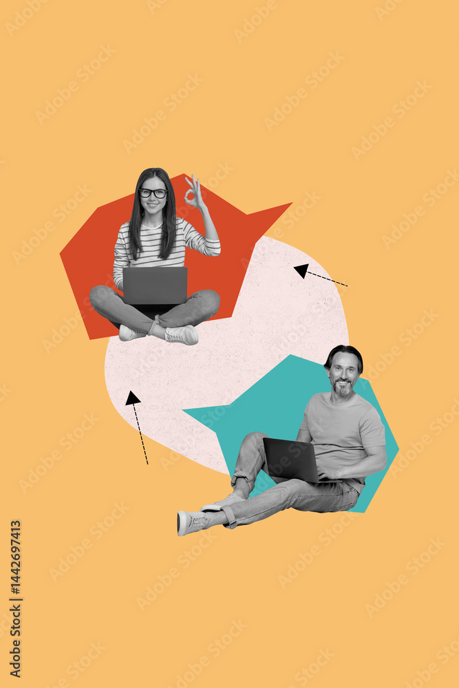 Poster Creative picture collage of two people use netbook for speaking working on orange color background