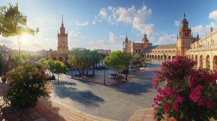 A panoramic shot of Seville, showcasing the stunning blend of traditional and modern architecture, with picturesque plazas