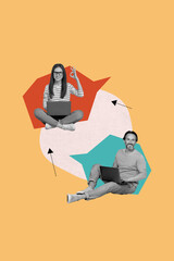 Creative picture collage of two people use netbook for speaking working on orange color background