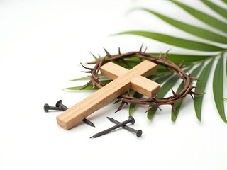 Fototapeta na wymiar Wooden Cross, Crown of Thorns, and Nails A Holy Week Reflection
