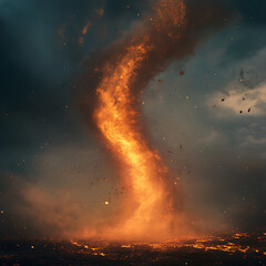 Fiery tornado with glowing embers and swirling smoke rising from burning ground, creating dramatic and intense natural disaster scene under dark cloudy sky