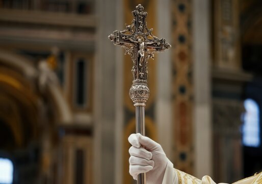 The Pope's hand holding a silver papal ferula (a pastoral staff surmounted by a cross) inside a richly decorated church interior. Symbol of papal authority and pastoral ministry.