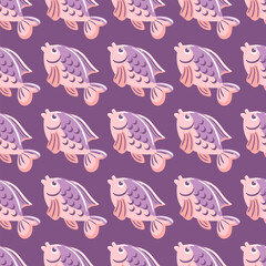 seamless pattern showcases a charming pink fish, characterized by its playful design and smooth lines. Its bright colors and whimsical features evoke a sense of joy, for aquatic-themed art.