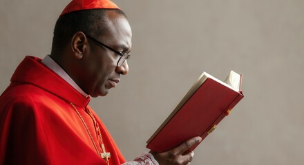 African American cardinal reading Bible in red robe with serious expression