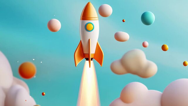Colorful rocket launching in whimsical cartoon sky with clouds and stars.
