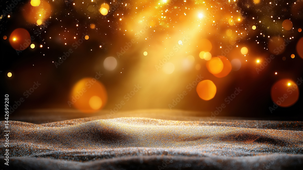 Poster golden sparkles illuminate a shimmering surface in a dark setting