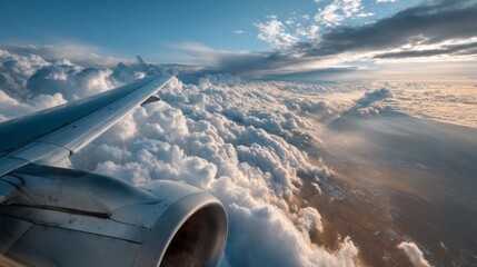 High above the earth, fluffy clouds stretch endlessly as sunlight casts golden hues. The airplane wing juts out, hinting at the journey through a serene sky during twilight