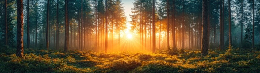 Golden sunlight filtering through a tranquil forest