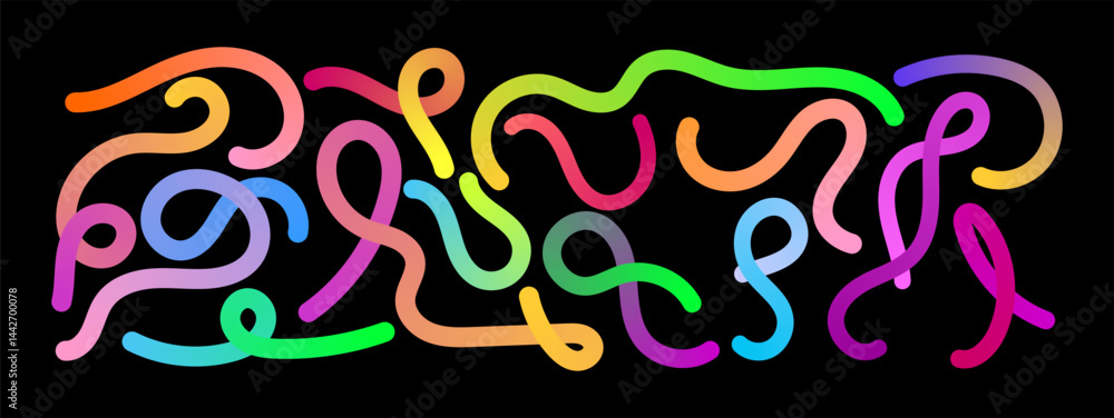 Poster abstract black background with gradient color waves and lines.