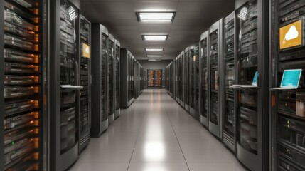 Server Room with Data Storage Units and Modern Technology Setup