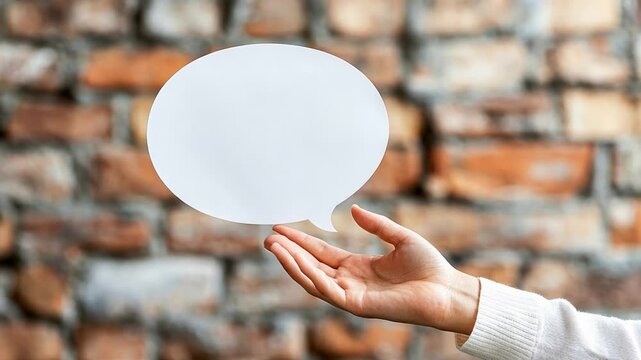 Hand holding blank speech bubble against rusty brick wall for creative concept.