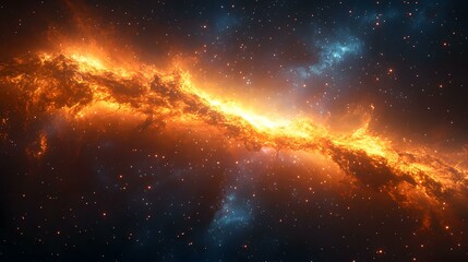 Vibrant cosmic nebula with interstellar dust clouds, twinkling stars, and radiant fiery orange and cool blue gas flows in deep space