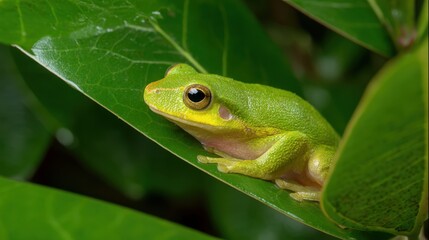 Naklejka premium Emerald Leaf Dweller: A Green Tree Frog Portrait