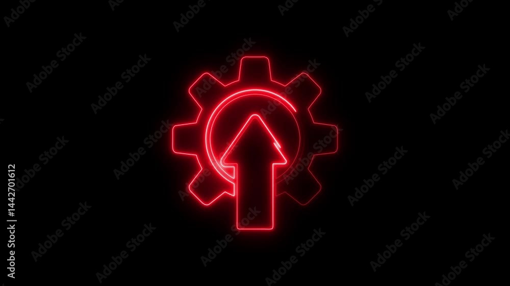 Poster neon gear with arrow animation on black background for technology and progress concepts