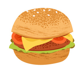 Burger with fresh vegetables. Fast food and picnic mood. Flat vector illustration.