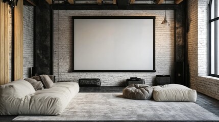Loft-style living room with modern sofa facing wide TV screen