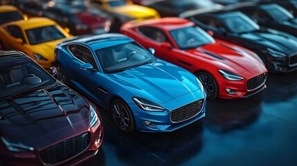 A striking low-angle showcasing colorful coupe cars in a row, perfect for automotive, speed, and luxury themes.