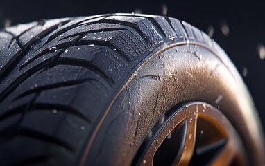 Close-Up Image of Car Tire with Water Droplets on Surface
