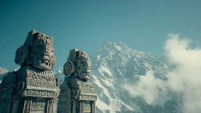 Two ancient stone statues stand against a snowy mountain backdrop under a clear blue sky.