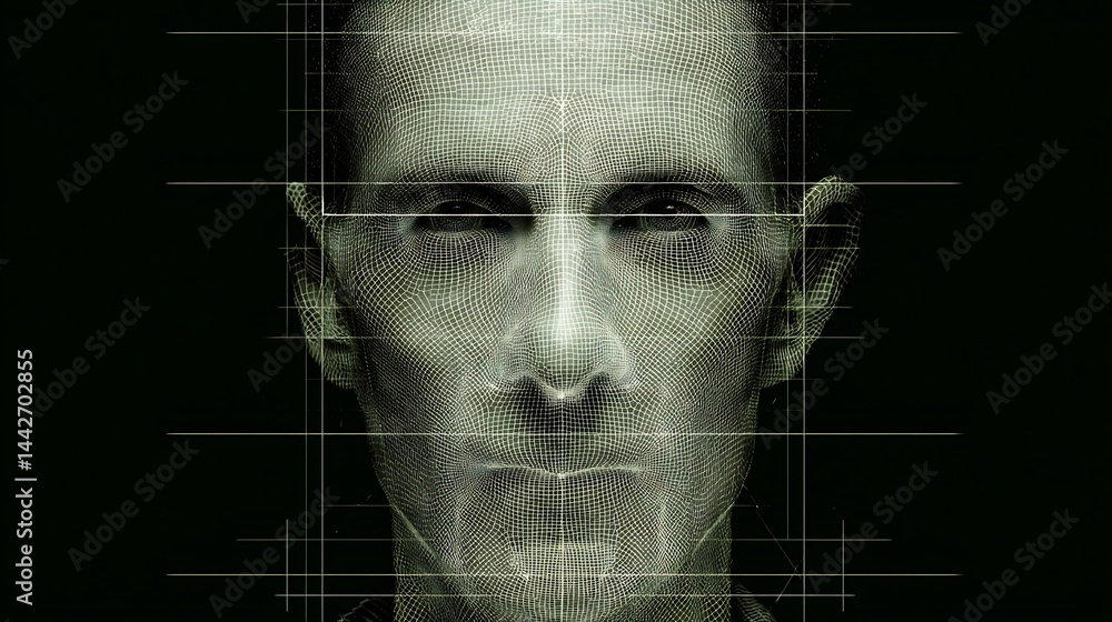 Poster humanoid face constructed by digital mesh network with data stream lines