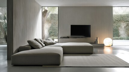 Minimal home interior featuring a TV wall and sleek sofa