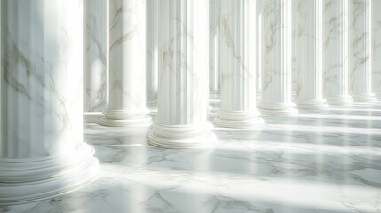 Interior view of a colonnaded hall with white marble columns.