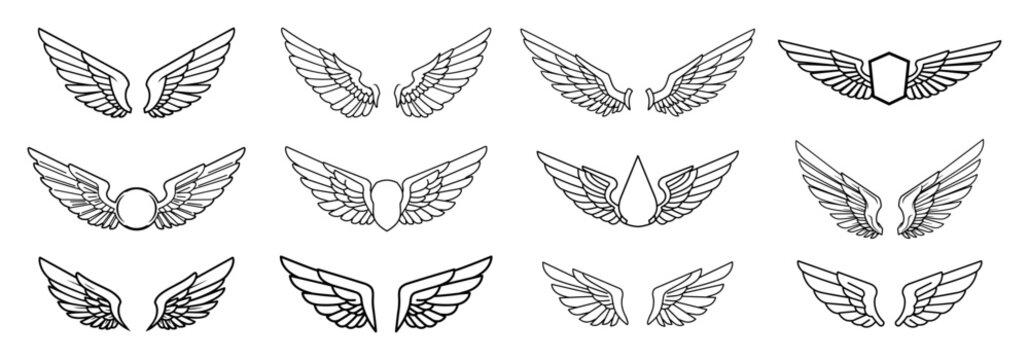 vintage winged badge and emblem set line art vector