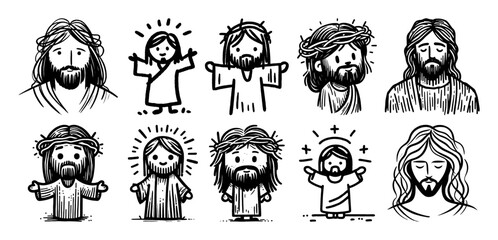 cute jesus character icons black ink cartoon sketch set © Mago