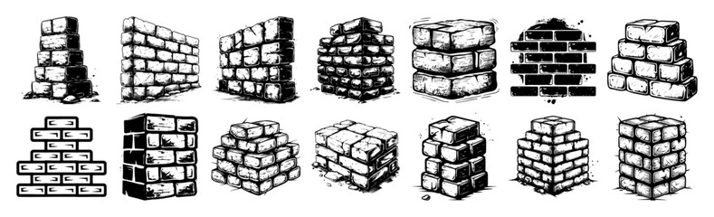 brick wall texture sketch set black ink illustration © Mago