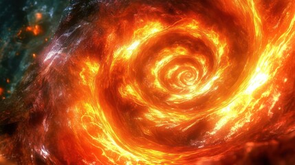 A vibrant, swirling galaxy with fiery colors, depicting cosmic phenomena.