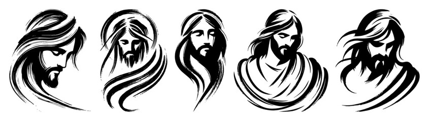 jesus christ portraits set black ink spiritual sketch