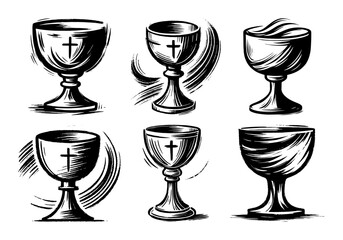 holy grail and chalice set black ink religious sketch
