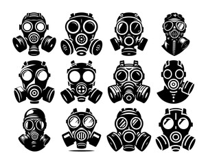 gas mask collection black vector icons set