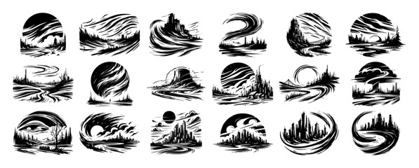 grunge cityscape silhouettes and waves black ink sketch set