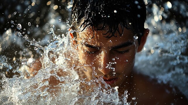 Boy enjoying ocean splash, summer fun, water droplets