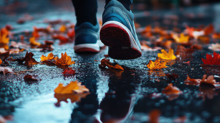 Close up of sneakers stepping on wet road covered with autumn leaves hinting at outdoor exercise.