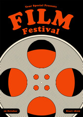 Movie and film festival poster template design minimal modern vintage retro style with film reel with circle stripe line texture