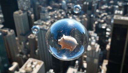 Translucent piggy banks dissolving into air over urban landscape digital art ethereal environment aerial view surreal concept
