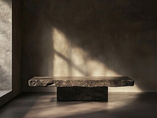 Rustic stone bench positioned in a modern room.